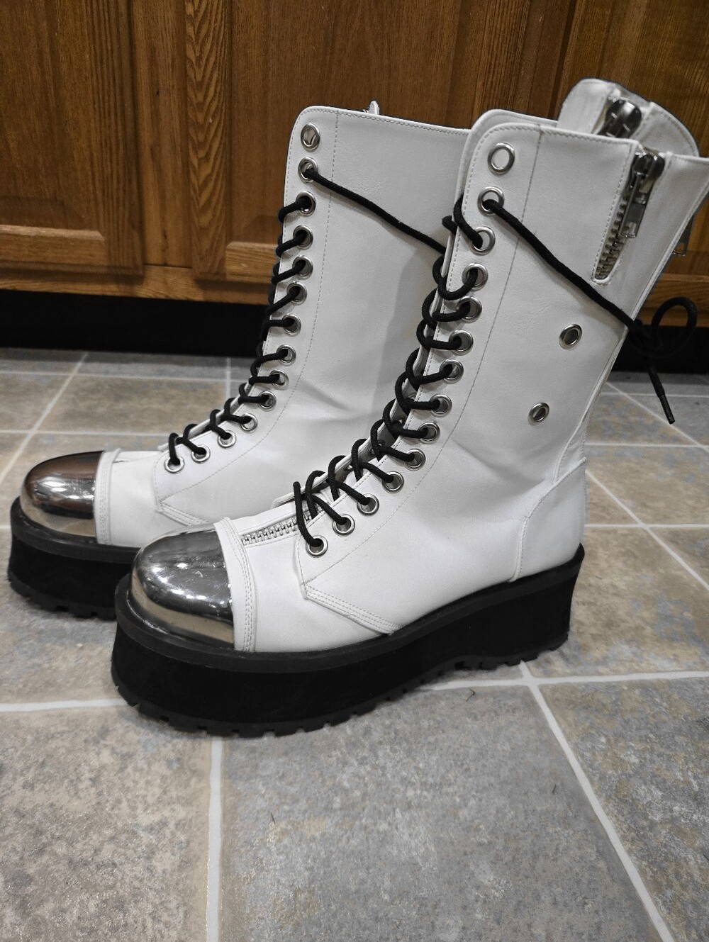 Demonia Gravedigger-14 White Platform Boots Men's 12 Cyber Goth Industrial Punk